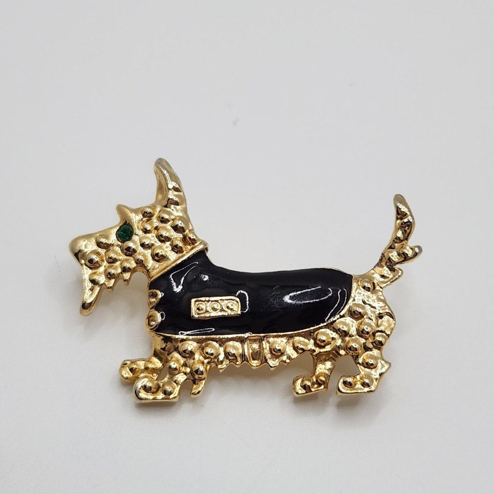 Scottie Dog Brooch Vintage Style Scottish Terrier Dovani Black Enamel Gold Tone